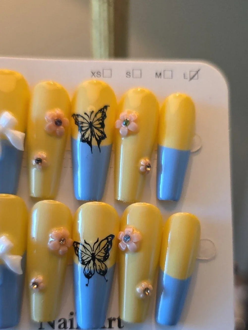 Yellow & Blue Nail Art Set with Butterfly and Flower Accents Size Large